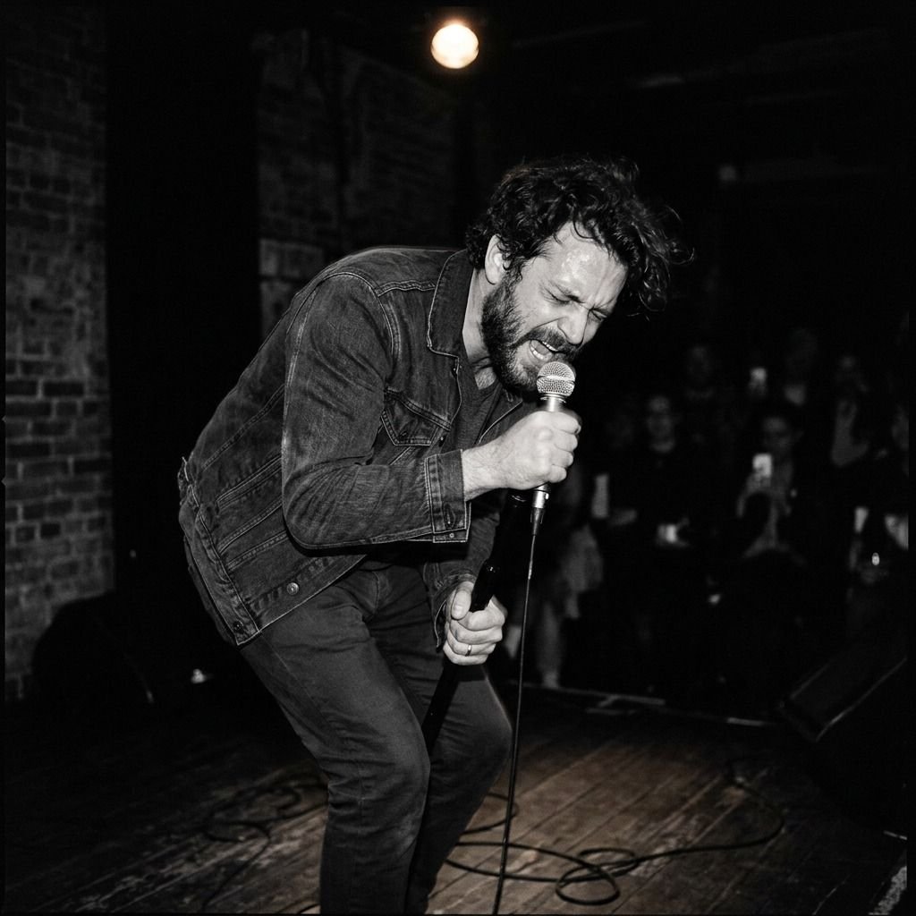 A poet performing passionately on a small stage with a microphone, spotlight overhead