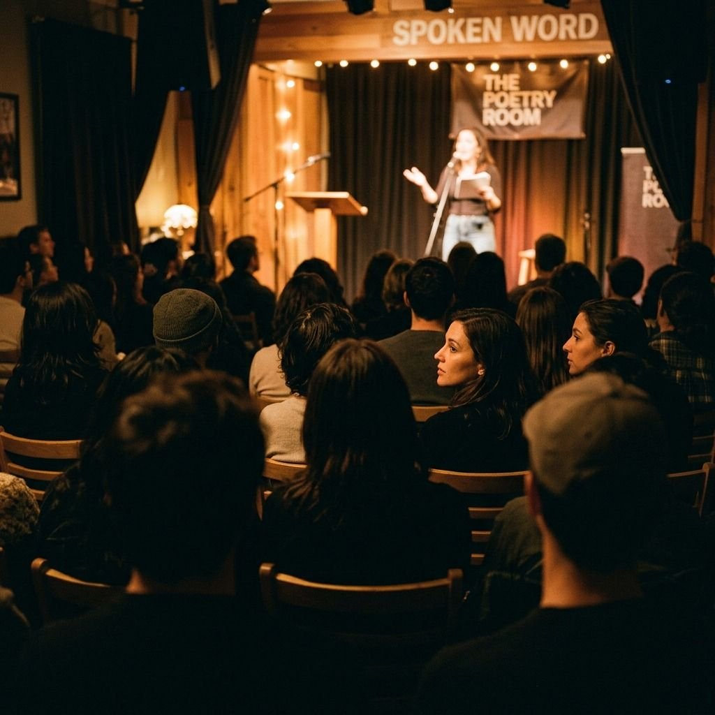 An intimate audience at a spoken word event, faces engaged and listening