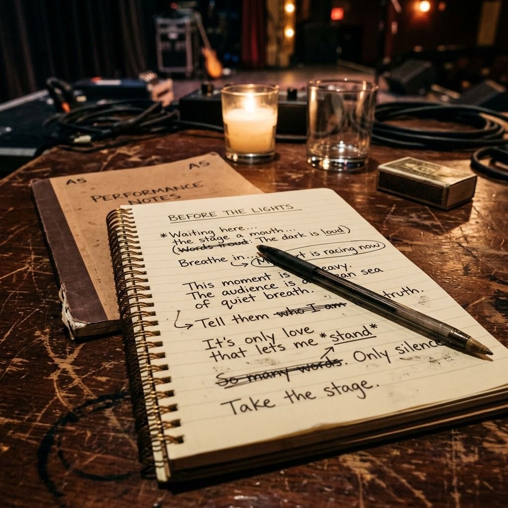 A handwritten poem in a notebook backstage at an open mic