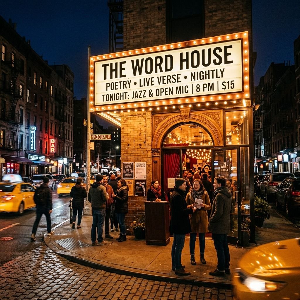 The exterior of a poetry venue in New York City at night, marquee lit up