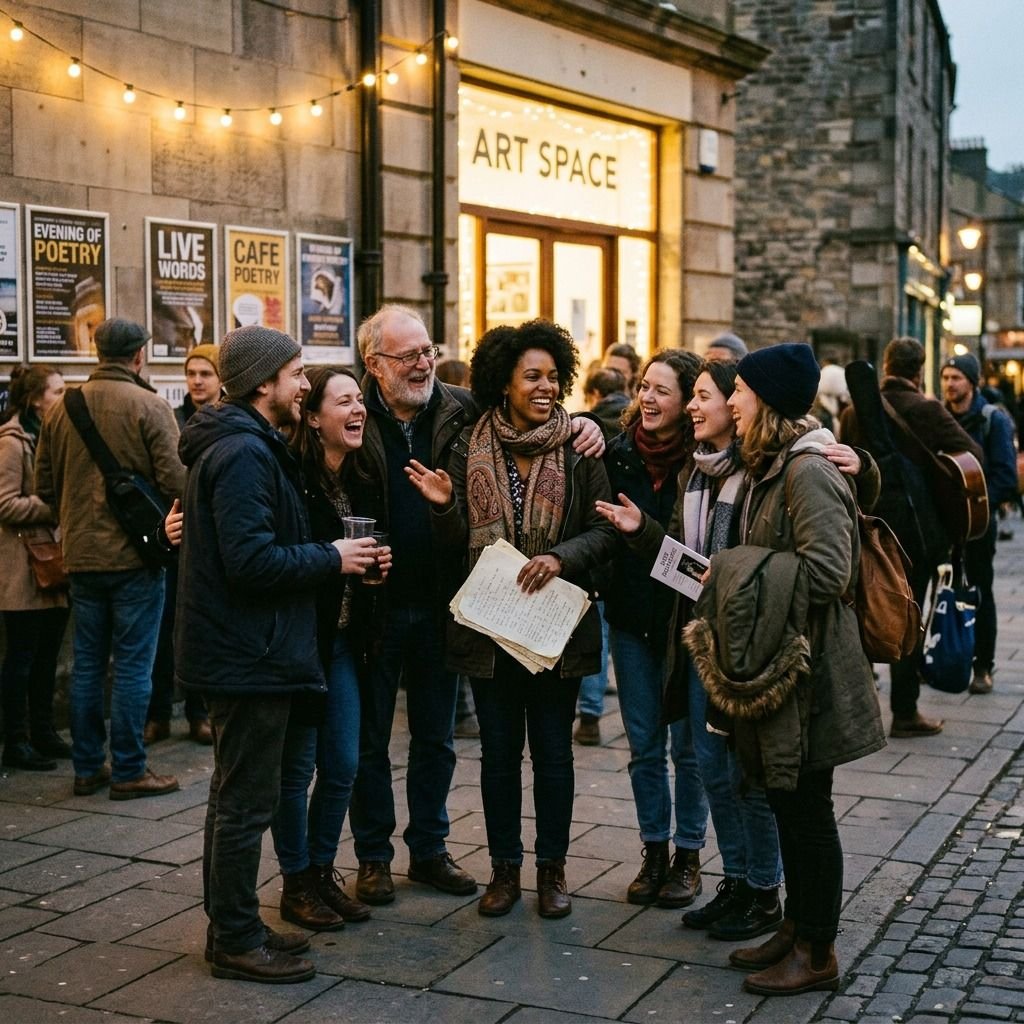 A group of poets and audience members talking and laughing after a show