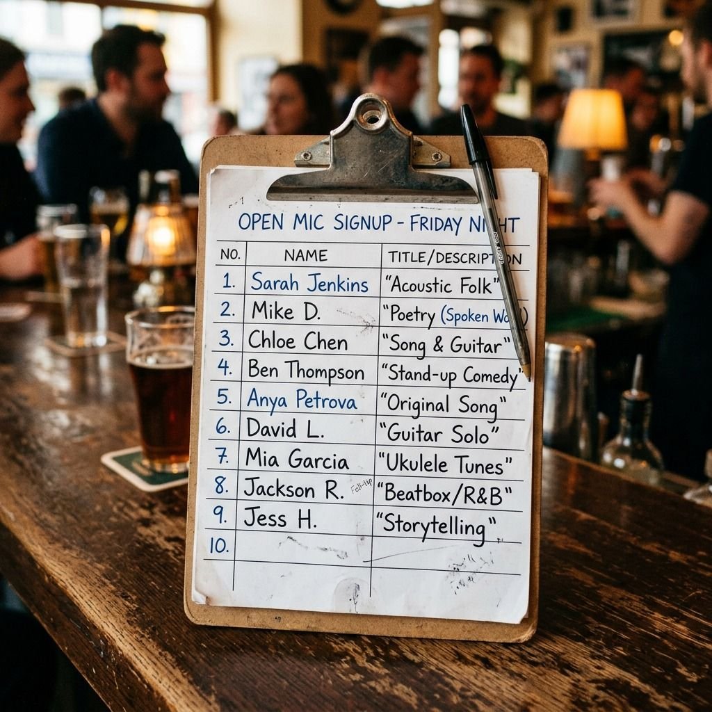 An open mic sign-up sheet on a clipboard with names and order numbers